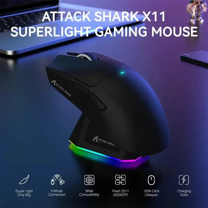 ATTACK SHARK X11 Three-mode Wireless Lightweight Gaming Mouse, Sensor PAW3311 RGB Charging Dock Computer Mouse Gamer Accessories